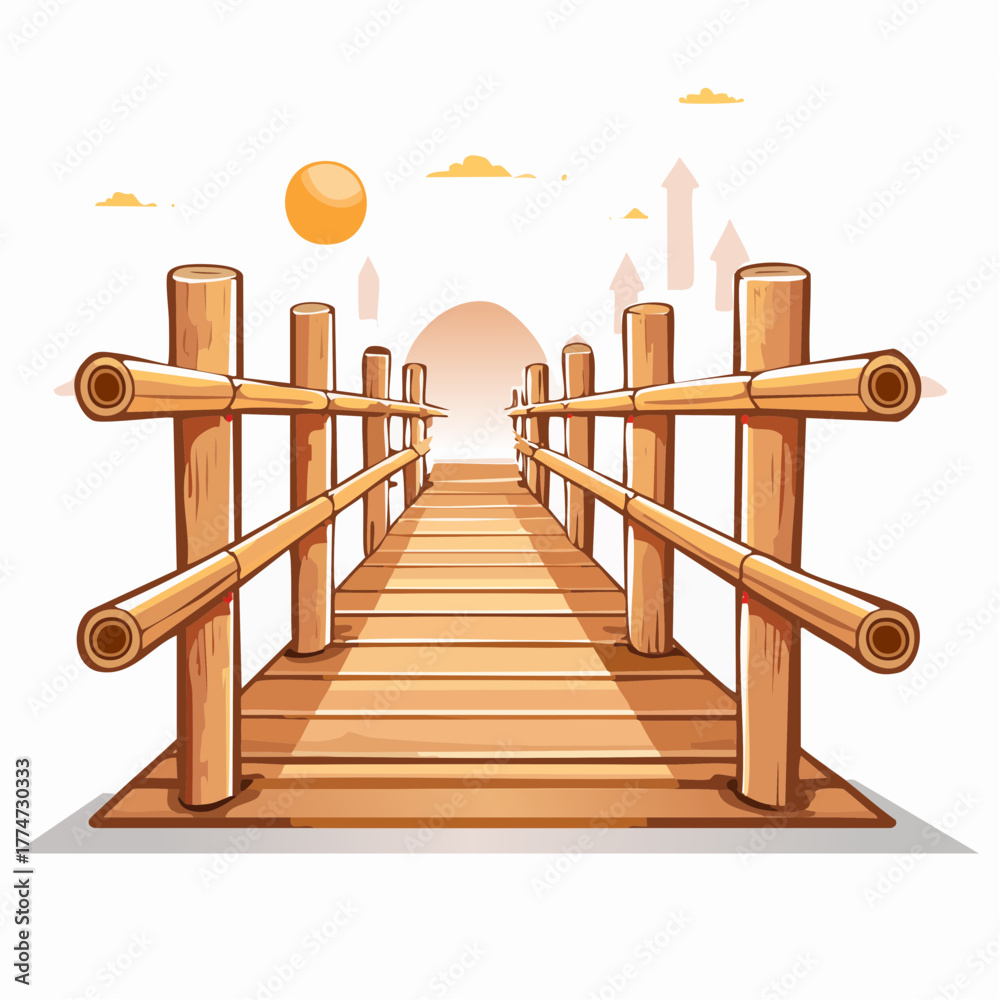 Obraz premium Wooden bridge leading towards the sun concept illustration isolated on white