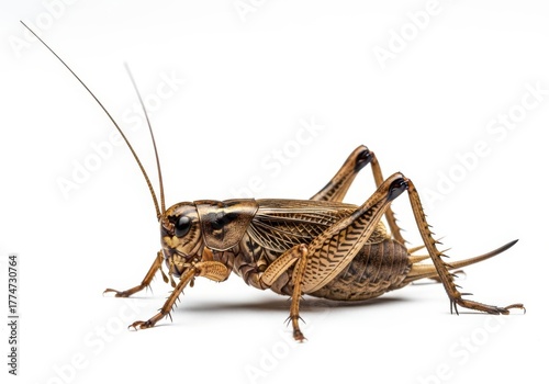 Detailed close up of a brown cricket with long antennae on a white background