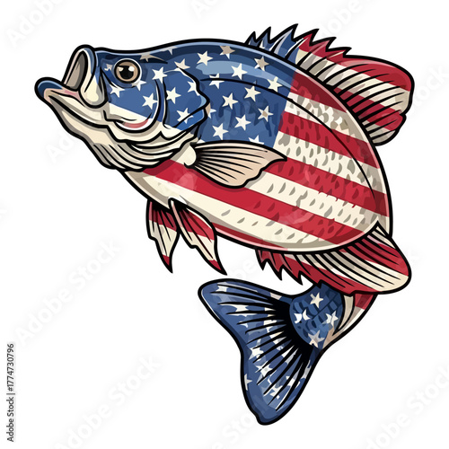 Crappie or panfish illustration painted with the US flag for a patriotic American fishing theme.