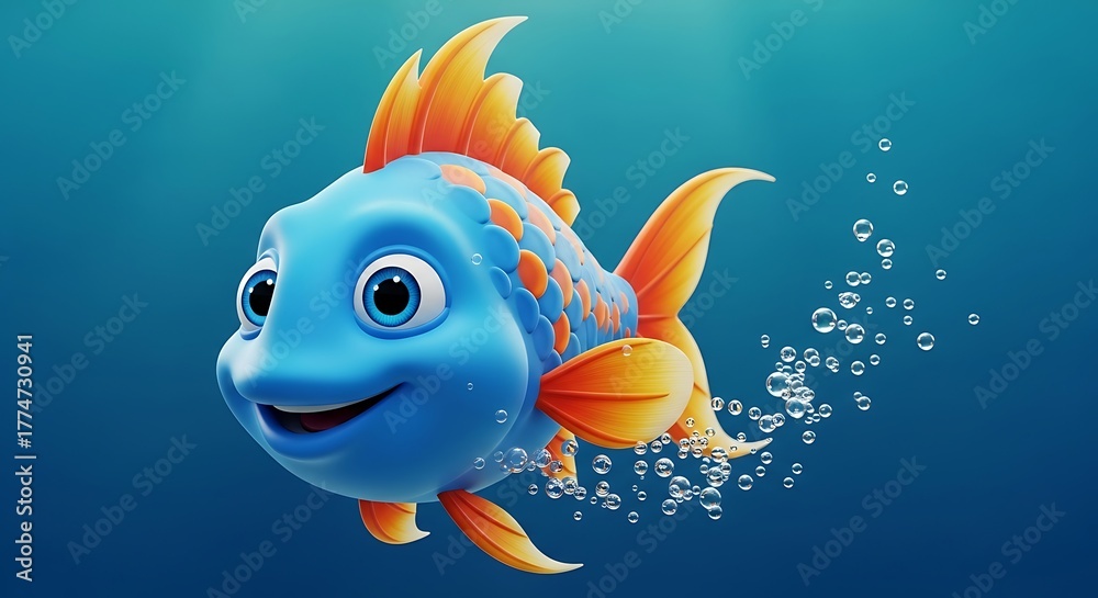 Fototapeta premium Cartoon blue fish swims happily underwater leaving a trail of bubbles in its wake