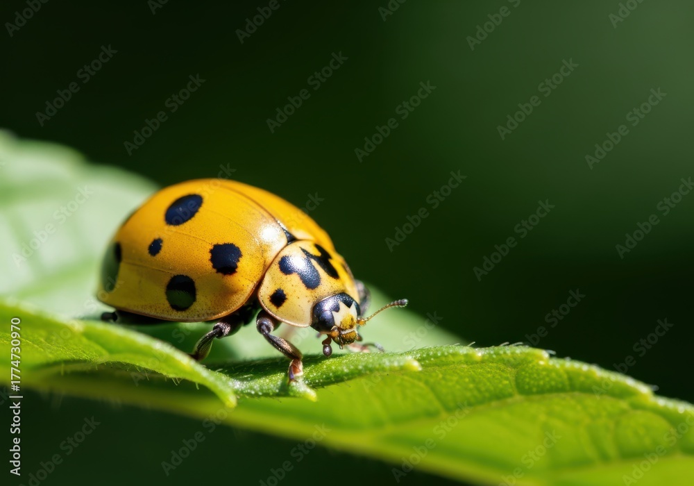 Naklejka premium Bright yellow ladybug with black spots crawls on a vibrant green leaf