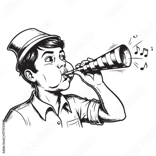 Retro Style Line Art Drawing of Boy Blowing Musical Horn