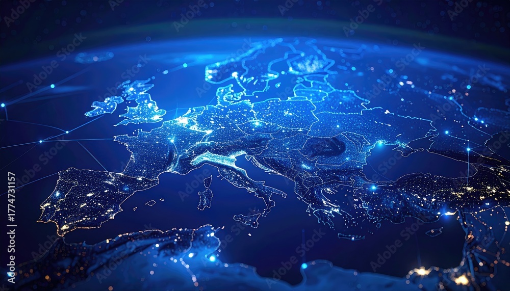 Fototapeta premium Europe illuminated by city lights from space at night showing global connectivity and urban networks.