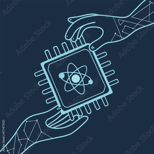 Two Digital Hands Holding AI chip with nuclear atom icon with circuit. Blue Low Poly Wireframe Illustration on Dark Blue Background. Science and Technology Innovation Concept. Vector illustration