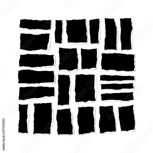 Dynamic collection of torn black paper strips and frames with rough edges, perfect for modern design overlays and creative projects