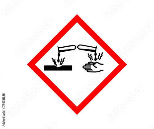 Corrosive hazard warning sign corrosive substance icon. Standard pictogram of corrosive symbol, warning sign of globally harmonized system (GHS) vector design and illustration.
