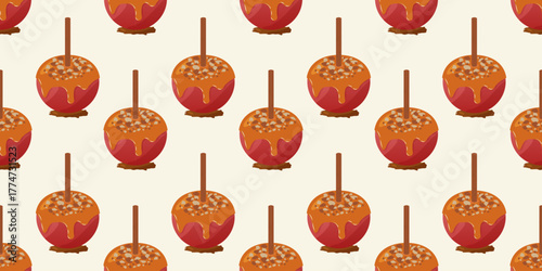 Christmas candy apples pattern. Seamless flat illustration of caramel coated treats with peanuts on neutral background. Winter vector art for menu, social media, cards