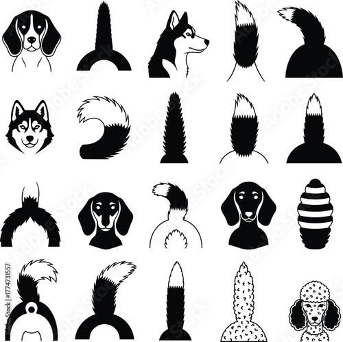 Black and White Dog Breeds Head and Tail Icons Vector Pack.