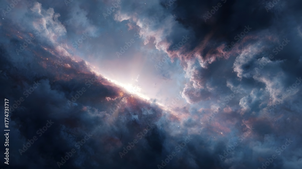 Obraz premium Dramatic celestial clouds with radiant light piercing through a cosmic void
