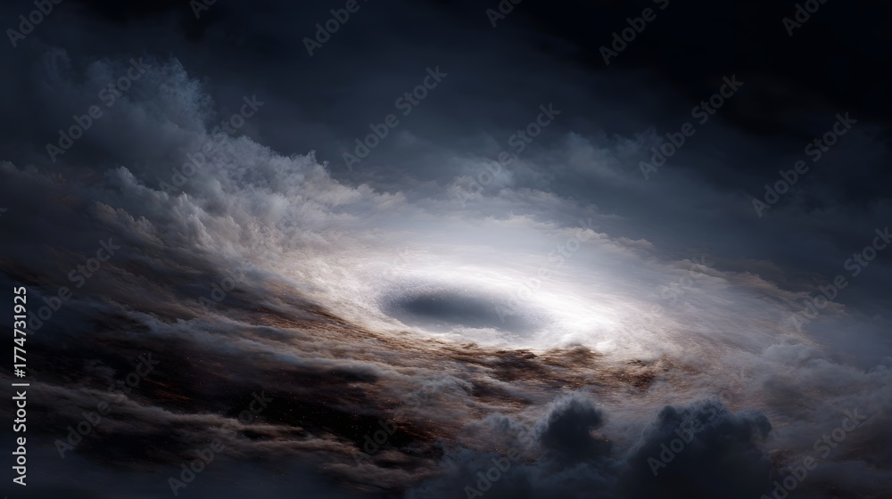 Fototapeta premium A dramatic swirling cosmic vortex resembling a gravity well with a bright glowing accretion disk surrounded by turbulent dark clouds