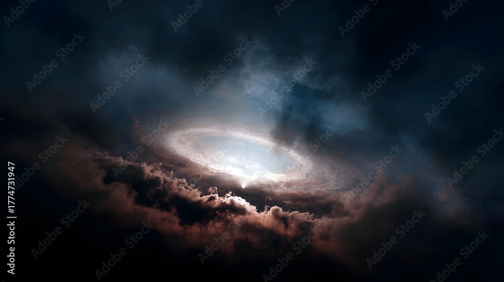 Obraz premium A dramatic cosmic nebula with a glowing accretion disk and swirling clouds