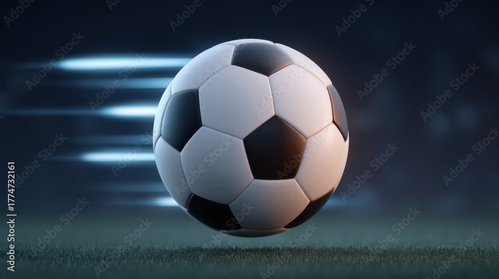Fototapeta premium Fast Moving Soccer Ball with Motion Blur and Glowing Light Effects on a Grass Field in a Dramatic Sports Scene