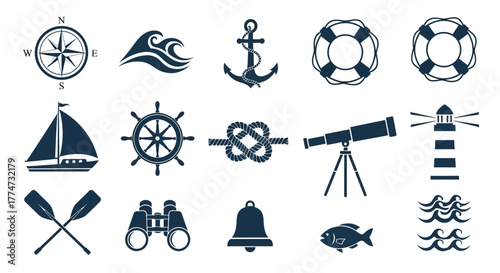 Set of navy blue nautical vector icons on a white background