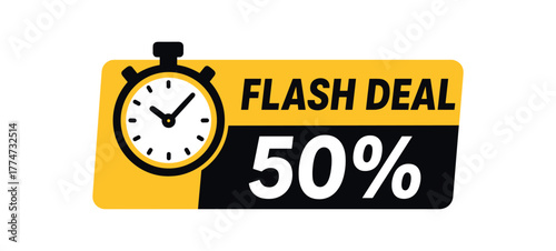 Flat vector banner design icon of stopwatch near bold text DEAL 50% and black horizontal layout