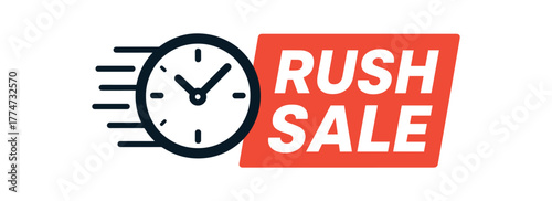 Flat vector banner design icon of clock with motion lines beside text RUSH SALE red and black rectangle