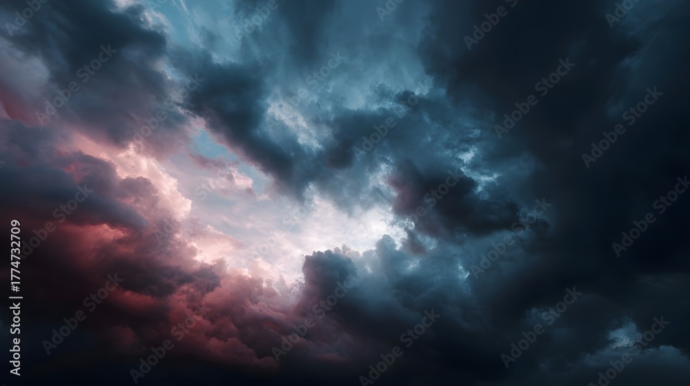 Obraz premium Dramatic twilight sky with vibrant storm clouds and intense light