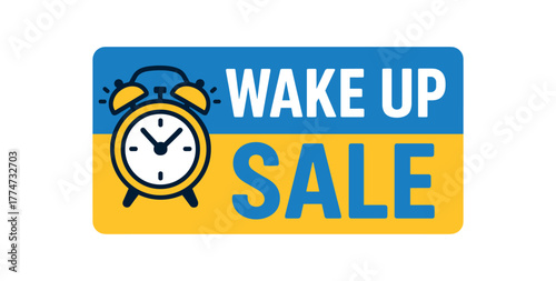 Flat vector banner design icon of alarm clock near text WAKE UP SALE blue and rectangular layout