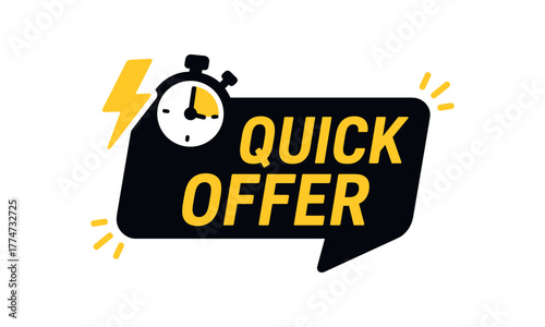 Flat vector banner design icon of lightning bolt and stopwatch near text QUICK OFFER black and dynamic tag