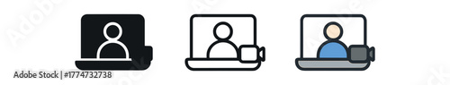 remote meeting video call icon on white background Black silhouette flat icon outline icon and colored icon style three minimal vector icon style