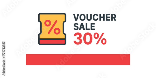 Flat vector banner design icon of discount coupon ticket beside text VOUCHER SALE 30% red and gray clean bar