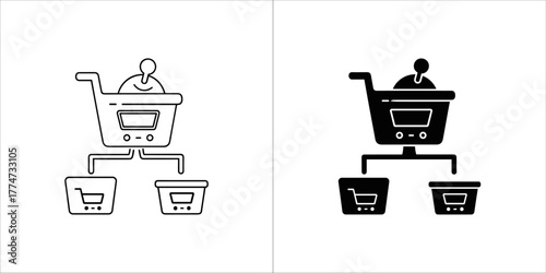 Shopping cart with user and two smaller carts representing online shopping and ecommerce