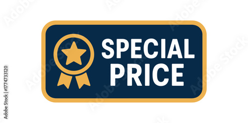 Flat vector banner design icon of badge near text SPECIAL PRICE navy and gold flat coupon