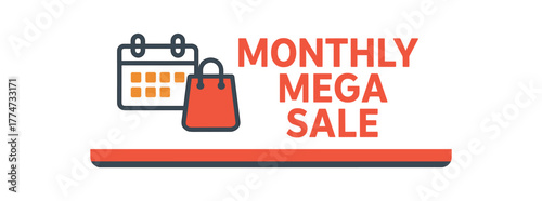 Flat vector banner design icon of calendar and shopping bag near text MONTHLY MEGA SALE red and gray clean bar