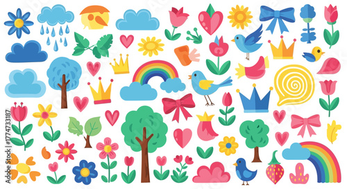Vibrant collection of whimsical springtime elements including cute birds, blooming flowers, cheerful clouds, rainbows, and playful crowns for joyous designs