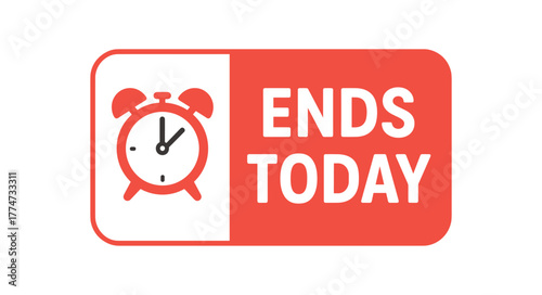 Flat vector banner design icon of alarm clock beside text ENDS TODAY red and white coupon layout