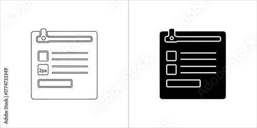 Two icons representing a checklist or form, one outlined and one solid black