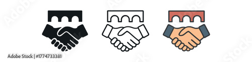 trust bridge hands icon on white background Black silhouette flat icon outline icon and colored icon style three minimal vector icon style