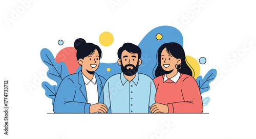 A diverse group of three smiling people, two women and one man, standing together, symbolizing friendship and professional teamwork.
