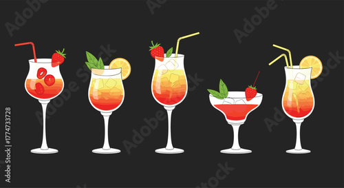 A vibrant collection of five refreshing summer cocktails in various glasses, garnished with fruit and ice, set against a dark background.
