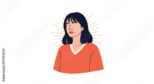 An illustration of a serene young woman with closed eyes, surrounded by gentle light rays, embodying peace and inner reflection.