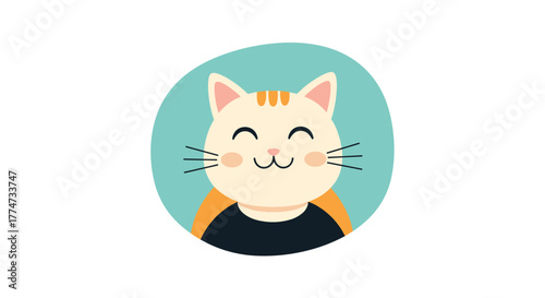 Happy cartoon cat character with a friendly smile, orange ears, and stripes, wearing a black top and an orange cape against a blue circle.
