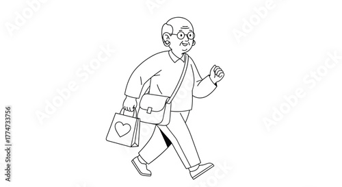 An elderly person is walking, smiling, and carrying a shopping bag with a heart design and a messenger bag.