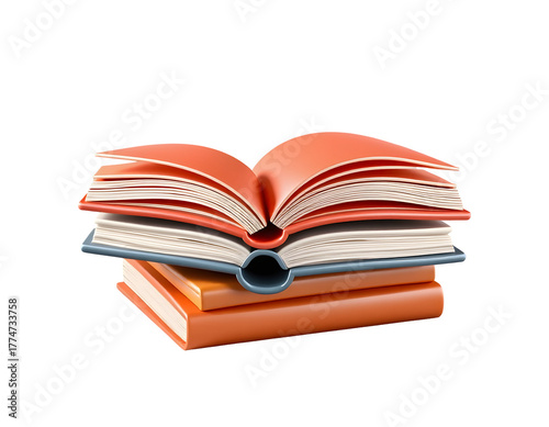 Stack of antique orange leather bound books with an open book on top isolated on transparent background