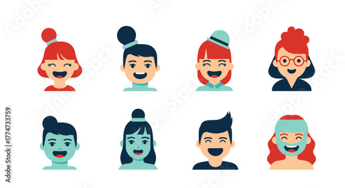 A collection of diverse, happy cartoon character avatars with various hairstyles and accessories, smiling cheerfully.