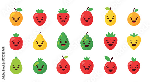 Cute cartoon fruits with happy faces in a vibrant collection, perfect for children's designs, healthy food concepts, and cheerful digital graphics.