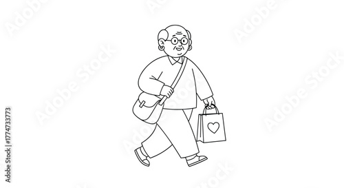 An active senior person walks cheerfully, carrying a shoulder bag and a gift bag with a heart symbol on it.
