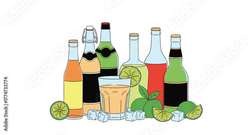 An illustration of various refreshing bottled drinks and a glass of beverage, accompanied by fresh lime slices and ice cubes on a white background.
