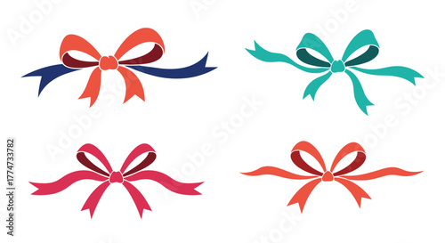A collection of four festive and colorful decorative bows in various styles, perfect for gift wrapping, celebrations, and special occasions.