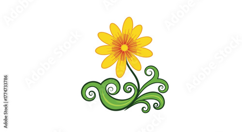 A cheerful yellow daisy-like flower with a vibrant orange center, emerging from a graceful swirl of green decorative leaves on a white background.