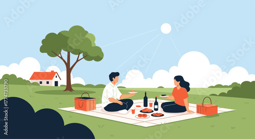 A happy couple enjoys a peaceful outdoor picnic with food and drinks on a sunny day in a beautiful park.