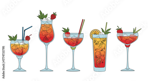 Colorful illustration of five refreshing summer cocktails with ice, straws, and fruit garnishes on a white background, perfect for a party.