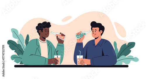 Two smiling men of different ethnicities enjoying drinks and conversation at a bar or cafe setting with a relaxed atmosphere.