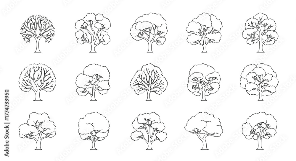 Obraz premium A diverse set of 15 black and white outline illustrations featuring various tree types, including leafy and bare branches, suitable for design projects.
