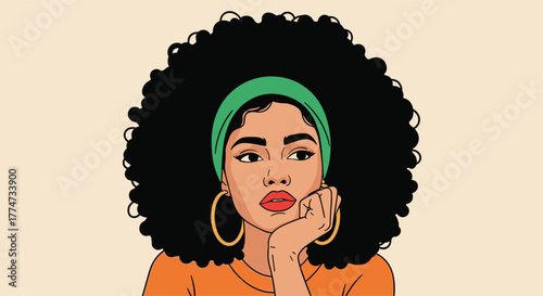 Pensive young Black woman with voluminous afro hair and a green headband, resting her chin on her hand, looking aside.