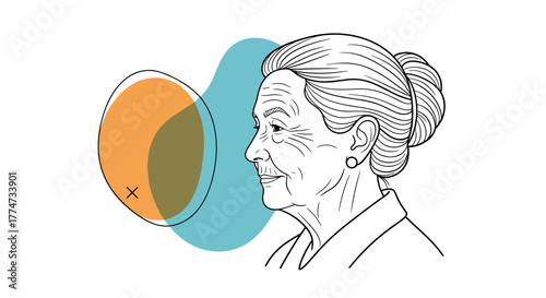 Close-up profile of an elderly woman with a serene expression, observing abstract organic shapes on a white background.