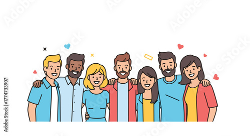 A diverse group of happy young friends stands together, smiling and embracing, celebrating unity and inclusion.